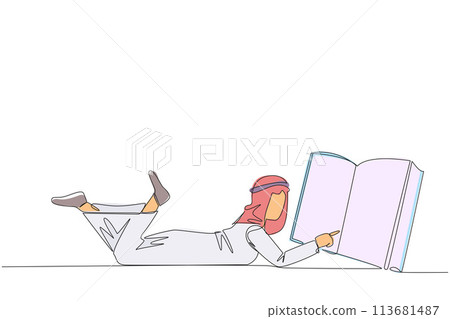 Single continuous line drawing Arab man lying on his stomach reading big book. Enjoy reading books in a variety of styles. Reading increases insight. Love reading. One line design vector illustration Single continuous line drawing Arab man lying on his stomach reading big book. Enjoy reading books in a variety of styles. Reading increases insight. Love reading. One line design vector illustration 113681487