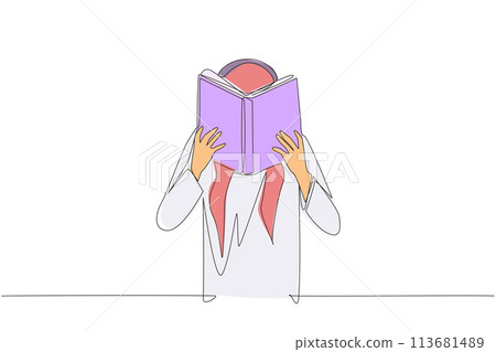 Continuous one line drawing Arabian man seriously reading book until cover the face. Nervous when facing the final exams. Try to focus. Reading increase insight. Single line design vector illustration Continuous one line drawing Arabian man seriously reading book until cover the face. Nervous when facing the final exams. Try to focus. Reading increase insight. Single line design vector illustration 113681489