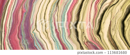 Abstract fluid art background light beige and pink colors. Liquid marble. Acrylic painting with yellow gradient. 113681680
