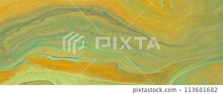 Abstract fluid art background orange and green colors. Liquid marble. Acrylic painting with olive gradient. 113681682