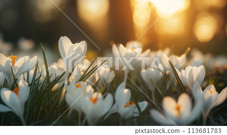 Gentle white crocuses bloom in a sunlit field, heralding spring's arrival amidst a warm golden glow, symbolizing new beginnings and nature's rebirth 113681783