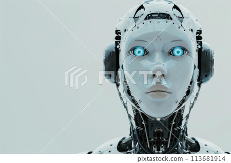 A humanoid robot with big blue eyes and sleek design, showcasing advances in artificial intelligence and robotics 113681914