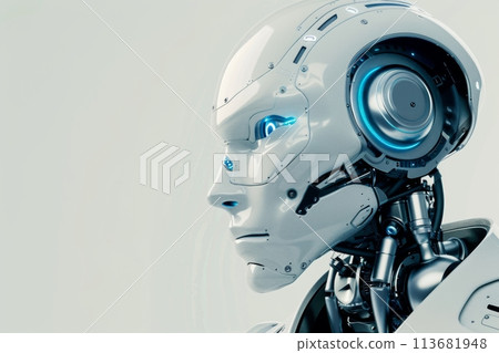 Close-up of a sophisticated robot's head with a human-like face and a blue illuminated eye, showcasing intricate artificial intelligence design 113681948