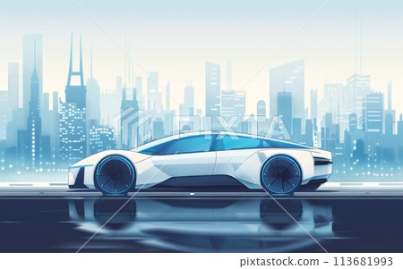 A futuristic white car with blue illuminated wheels stands before a stylized cityscape, reflecting off the glossy surface below 113681993