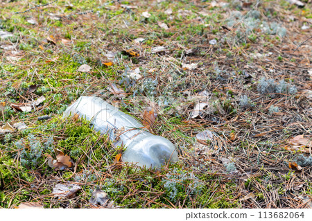 An old plastic bottle discarded in the forest. The concept of protecting ecology and nature. An old plastic bottle discarded in the forest. The concept of protecting ecology and nature. 113682064