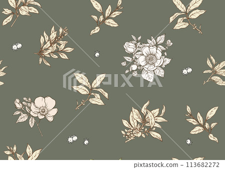 Green tea branch with leaves and wild rose flowers and berries. 113682272