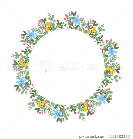 Floral round template with flat abstract plants. Spring concept on white background. Flat hand drawn colored items. Trendy print design for textile, wallpaper, interior, wrapping Floral round template with flat abstract plants. Spring concept on white background. Flat hand drawn colored items. Trendy print design for textile, wallpaper, interior, wrapping 113682293