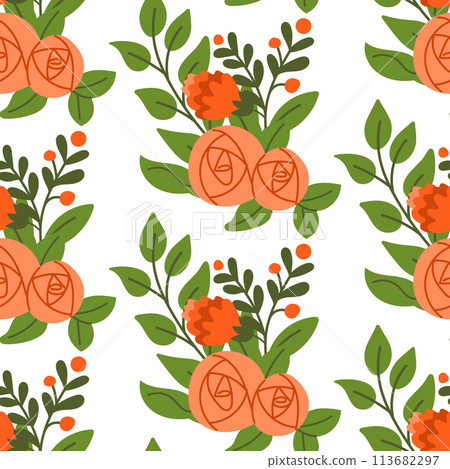 Seamless pattern with flat abstract rose bunch. Summer concept. Isolated items on white background. Trendy folk print design for textile, wallpaper, interior, wrapping 113682297