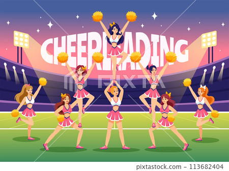 Cheerleader Girl Vector Illustration with Cheerleading Pom Poms of Dancing and Jumping to Support Team Sport During Competition on Flat Background 113682404