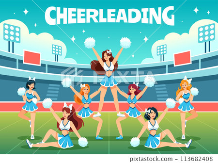 Cheerleader Girl Vector Illustration with Cheerleading Pom Poms of Dancing and Jumping to Support Team Sport During Competition on Flat Background 113682408
