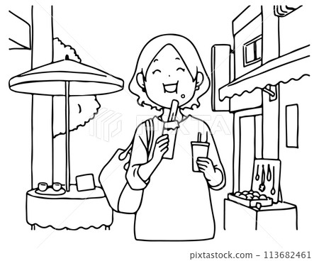 一個女人在背景下邊走邊吃的線條畫 113682461