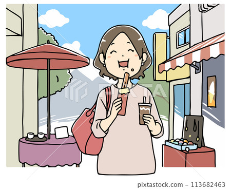 以一名婦女邊走邊吃的背景 113682463