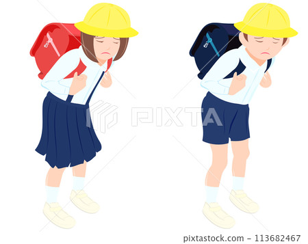 Depressed elementary school boys and girls carrying school bags Depressed elementary school boys and girls carrying school bags 113682467