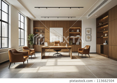 现代办公室内部配有椅子桌子和落地窗 113682504