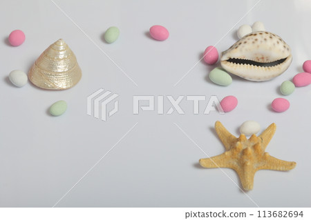 Summer holiday accessories. Colored pebbles, seashells and starfish on a white background. Summer holiday accessories. Colored pebbles, seashells and starfish on a white background. 113682694