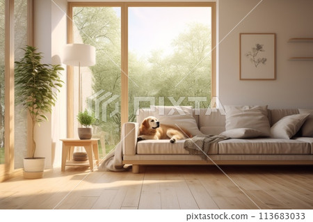 Golden retriever relaxing in the living room 113683033