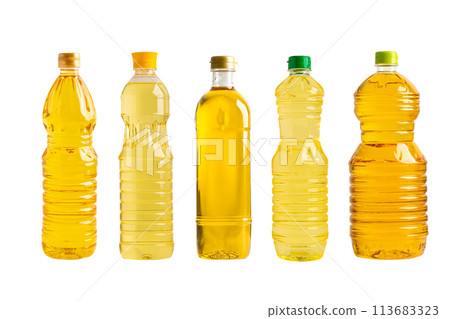 Vegetable oil in different bottle for cooking isolated on white background. 113683323