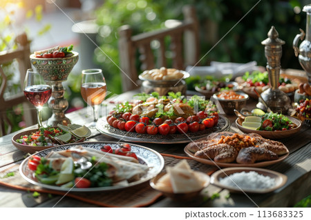 Eid al-Adha concept - A muslim family sitting around a festive table enjoying a meal together 113683325