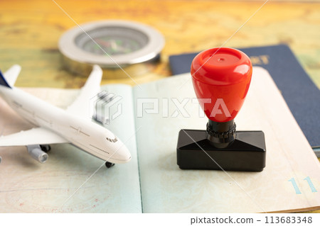 Approved Stamp visa and passport document to immigration at airport in country. 113683348