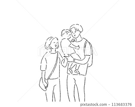A father (man) and a woman (mother) holding a child, line drawing A father (man) and a woman (mother) holding a child, line drawing 113683376