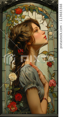 Generative ai illustration of a woman surrounded by flowers in the style of art nouveau 113683388