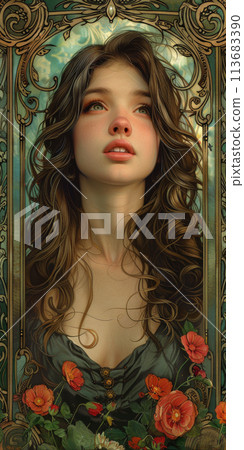 Generative ai illustration of a woman surrounded by flowers in the style of art nouveau 113683390