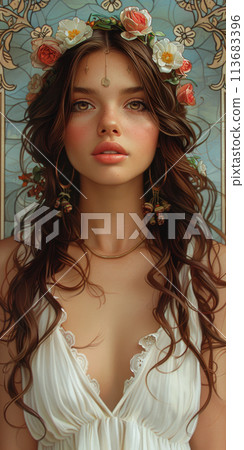 Generative ai illustration of a woman surrounded by flowers in the style of art nouveau 113683396