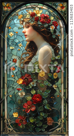 Generative ai illustration of a woman surrounded by flowers in the style of art nouveau 113683403