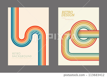 Vintage geometric background with colored parallel lines in the style of the 70s. Design for printing posters, posters, banners and covers in retro style Vintage geometric background with colored parallel lines in the style of the 70s. Design for printing posters, posters, banners and covers in retro style 113683412
