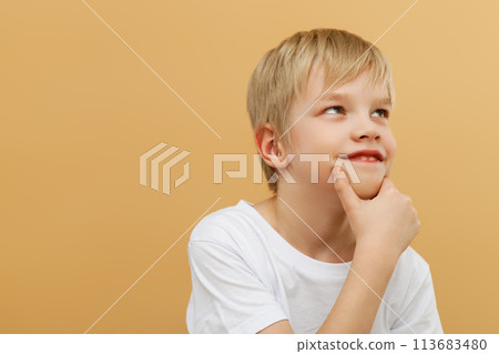 Blonde boy . Let me think . Thoughtful clever Blonde boy . Let me think . Thoughtful clever 113683480