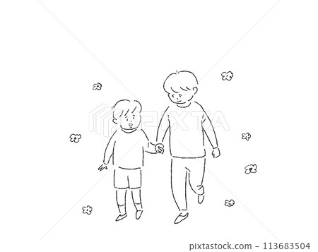 Two young children walking hand in hand, brothers, line drawing Two young children walking hand in hand, brothers, line drawing 113683504