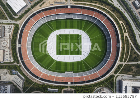 Aerial interior view of football stadium and stands Aerial interior view of football stadium and stands 113683787