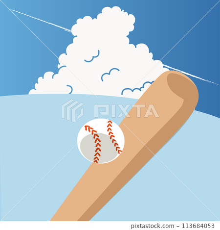 Vector illustration of blue sky, cumulonimbus clouds, baseball bat and ball 113684053