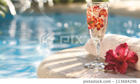 a captivating close-up still life on a poolside table. Feature a chilled champagne 113684296
