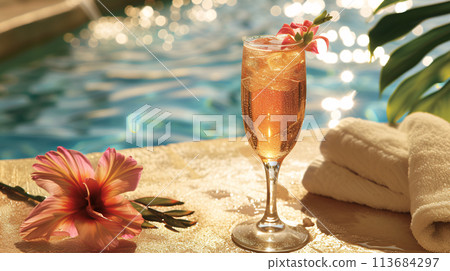 a captivating close-up still life on a poolside table. Feature a chilled champagne 113684297
