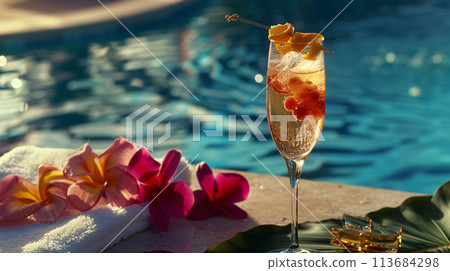 a captivating close-up still life on a poolside table. Feature a chilled champagne 113684298