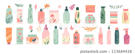 Organic skin care cosmetics. Beauty cream natural scrub and eco shampoo, make up products in different packaging. Vector bottles jars tubes for face moisturizing isolated set. Body lotion, oil 113684438