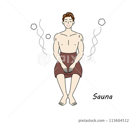 A refreshing man who moves from the sauna to the cold bath and then to the rest area to cool down in the fresh air. 113684512
