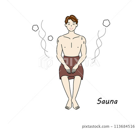 A refreshing man who moves from the sauna to the cold bath and then to the rest area to cool down in the fresh air. 113684516