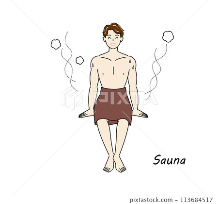 A refreshing man who moves from the sauna to the cold bath and then to the rest area to cool down in the fresh air. 113684517