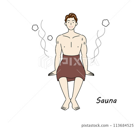 A refreshing man who moves from the sauna to the cold bath and then to the rest area to cool down in the fresh air. 113684525