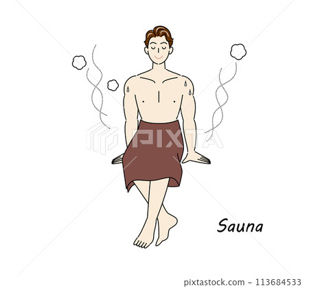 從桑拿房洗完冷水澡後，精神煥發的男人走到休息區，在新鮮的空氣中給身體降溫。 113684533