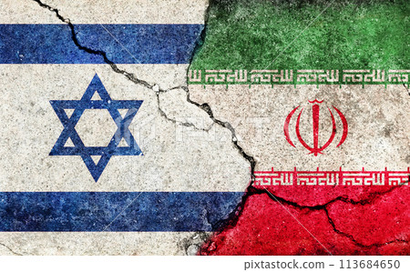 Israel vs Iran flag illustration / cracked concrete wall texture 113684650