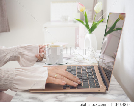 The hands of a woman looking at a computer while relaxing in a cute room with Korean-style interior The hands of a woman looking at a computer while relaxing in a cute room with Korean-style interior 113684834