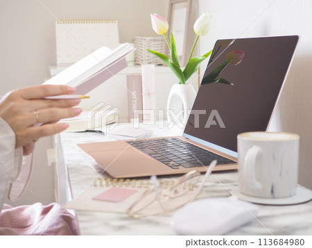 The hands of a woman taking notes while looking at a laptop in a room with a feminine and cute interior The hands of a woman taking notes while looking at a laptop in a room with a feminine and cute interior 113684980