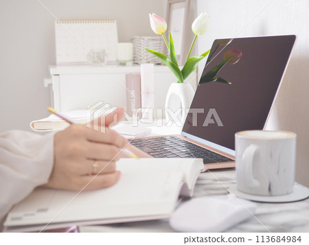 The hands of a woman taking notes while looking at a laptop in a room with a feminine and cute interior The hands of a woman taking notes while looking at a laptop in a room with a feminine and cute interior 113684984