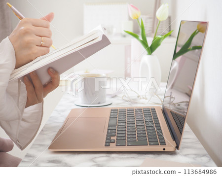 The hands of a woman taking notes while looking at a laptop in a room with a feminine and cute interior The hands of a woman taking notes while looking at a laptop in a room with a feminine and cute interior 113684986