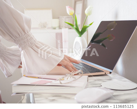 一位女士的手在一間內裝可愛的房間裡操作筆記型電腦 113685125