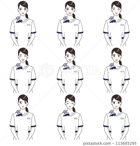 Illustration of a woman in uniform, facial expression set 113685295