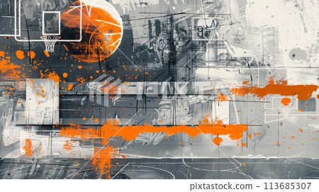 A basketball artfully swooshing through a hoop on a court 113685307